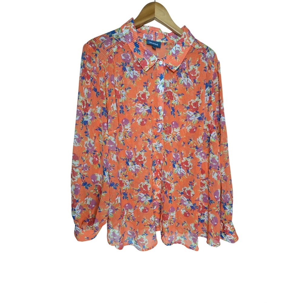 ModCloth Be Buzzworthy Orange Floral Checked Semi Sheer Button Down Blouse 4X